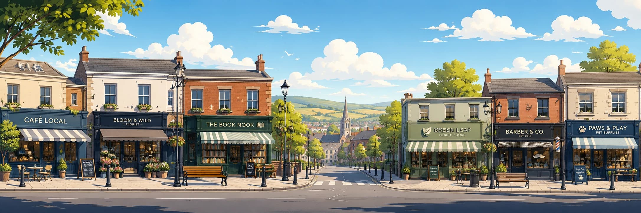Illustrated high street showing independent local businesses gaining digital visibility